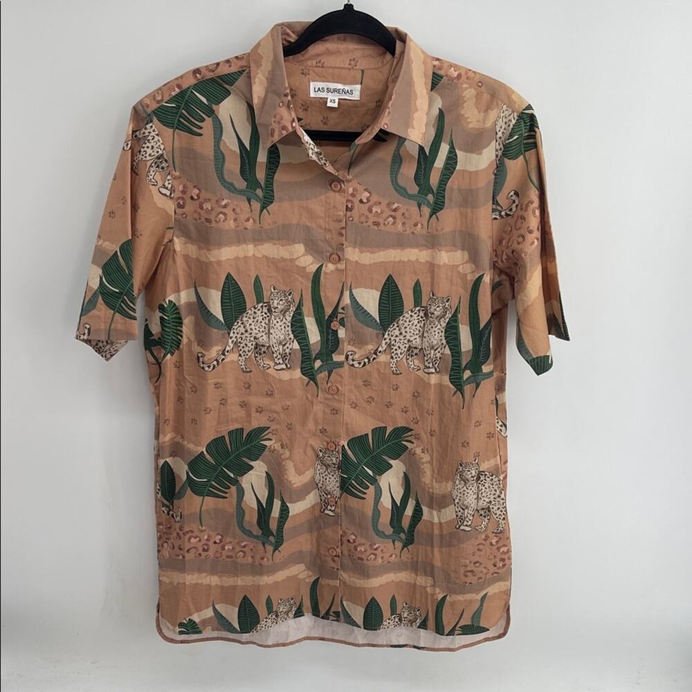 Las Surenas leopard botanical desert print short sleeve button down shirt dress